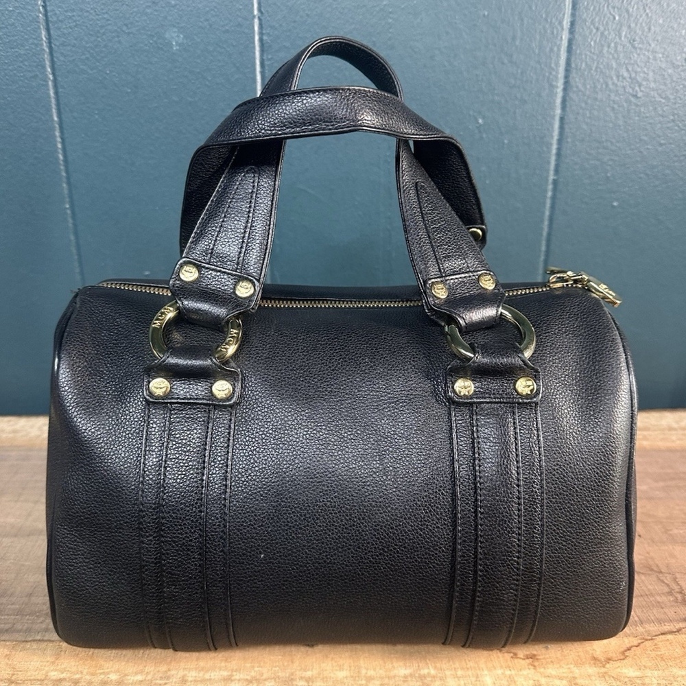 MCM Munchen Black Leather Mini Boston Bowler Satchel Bag Gold Vintage - Picture 3 of 12